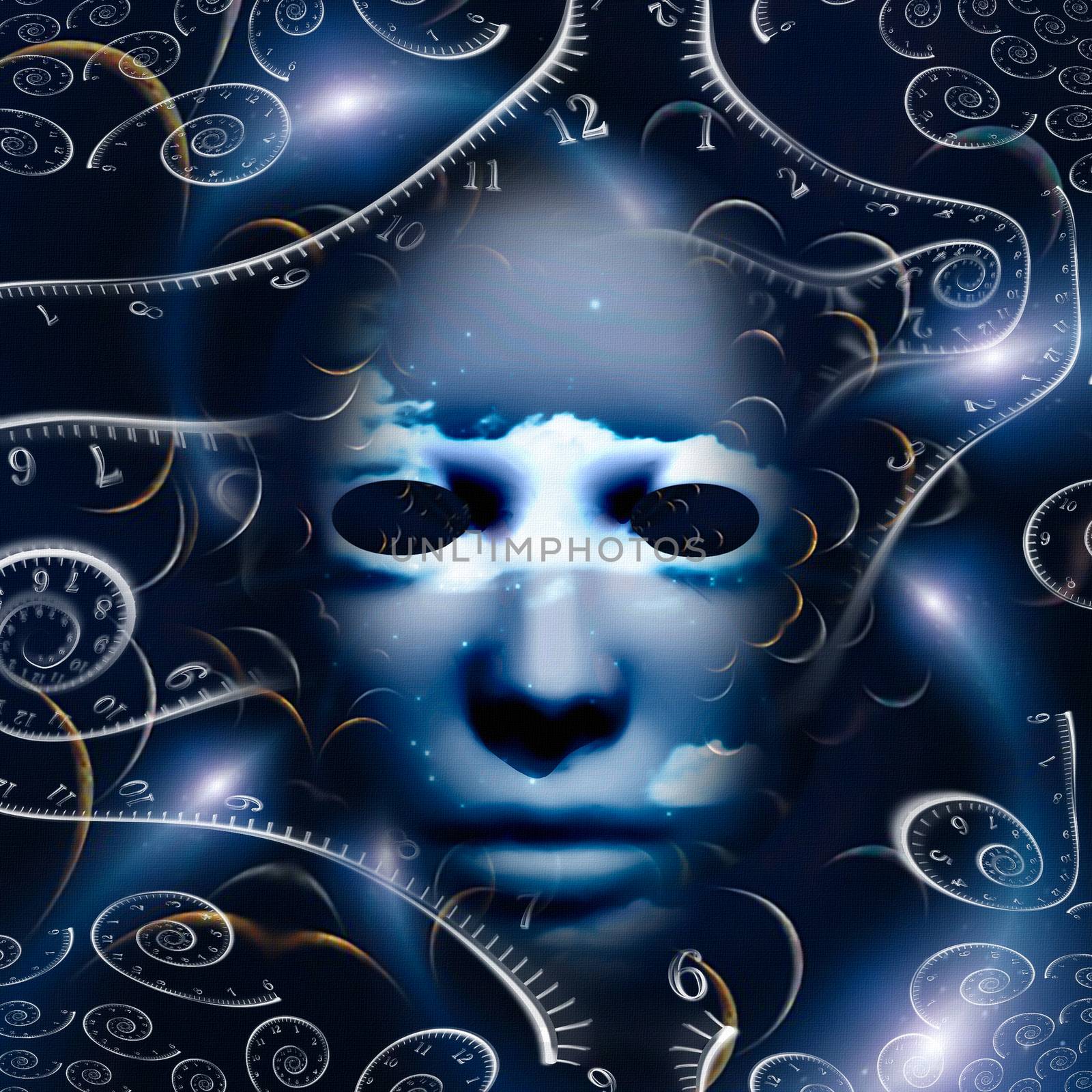 Human mask with spirals of time