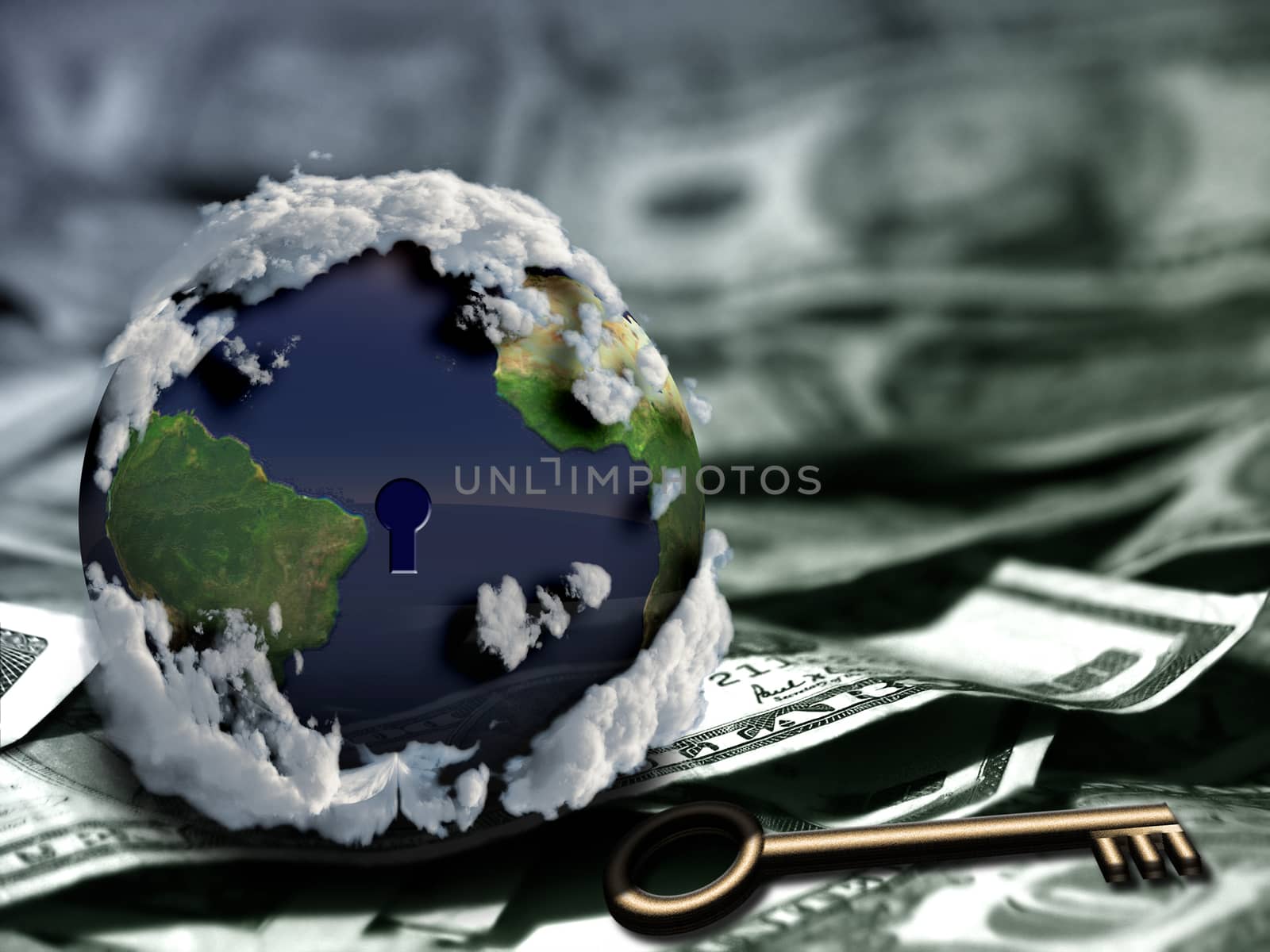 Globe with keyhole and key on US dollars.