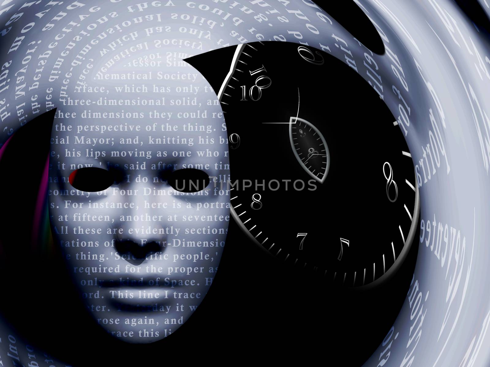 Mask with text stock and time spiral. Warped space. 3D rendering