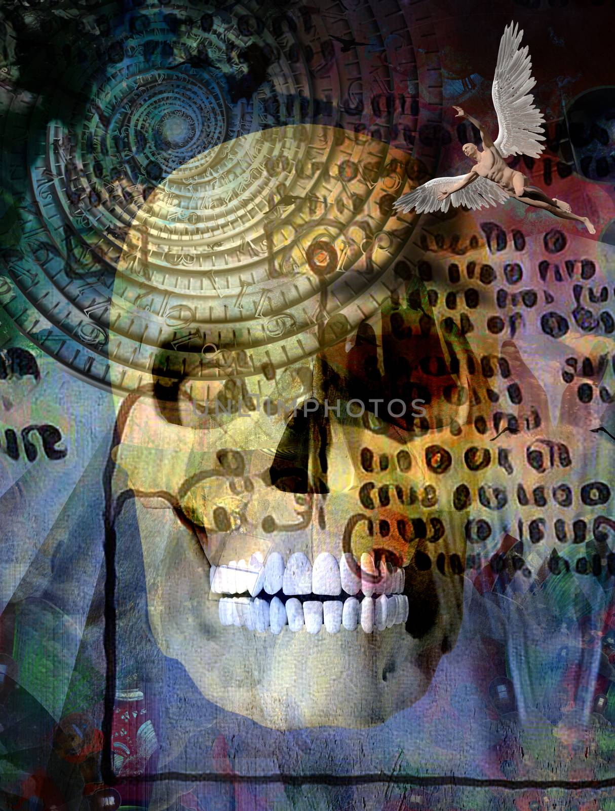Surreal composition. Human skull and winged angel. Time spiral and ancient script