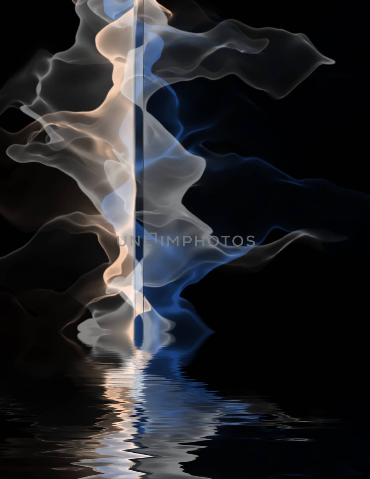 Light fluid, glowing smoke reflects in the water surface. 3D rendering.