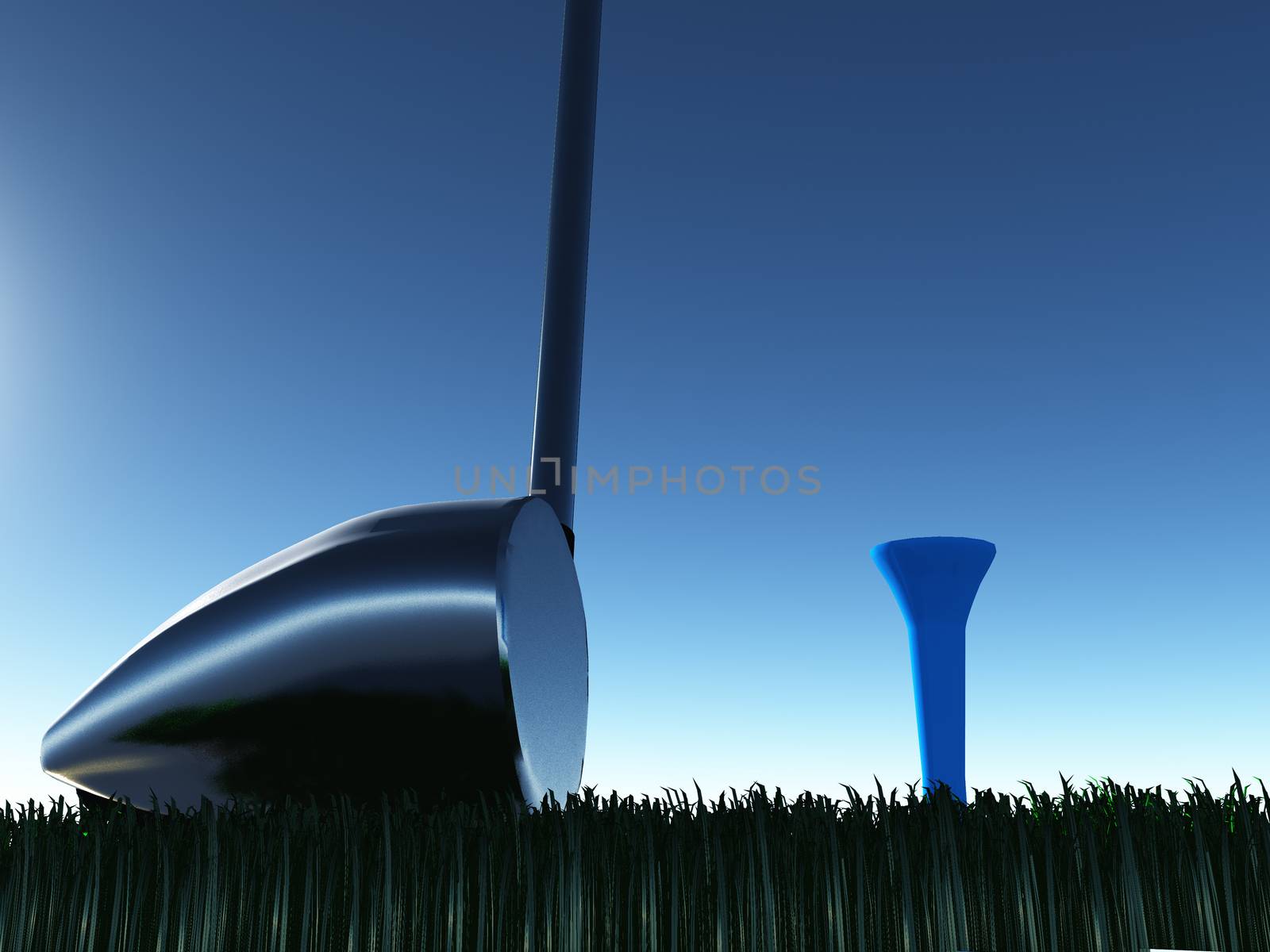 Golf club on green grass. 3D rendering