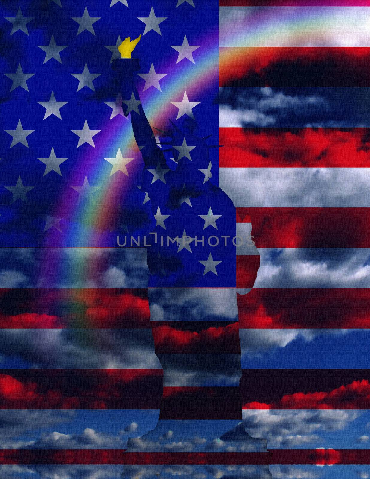Surreal digital art. USA Flag over clouds and rainbow. Liberty Statue. 3D rendering