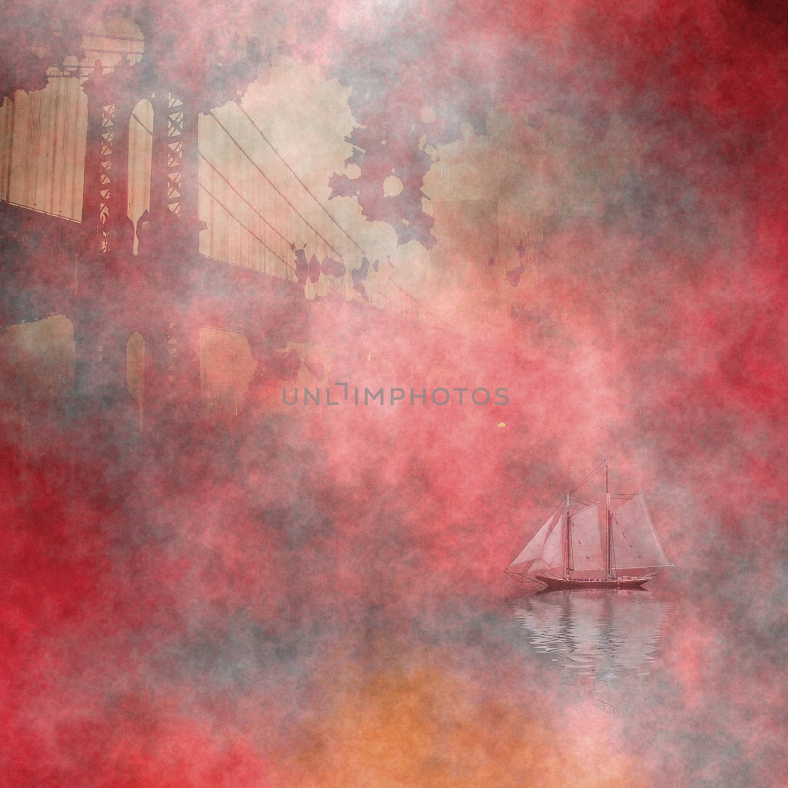 Ancient Sailboat floats under Manhattan Bridge