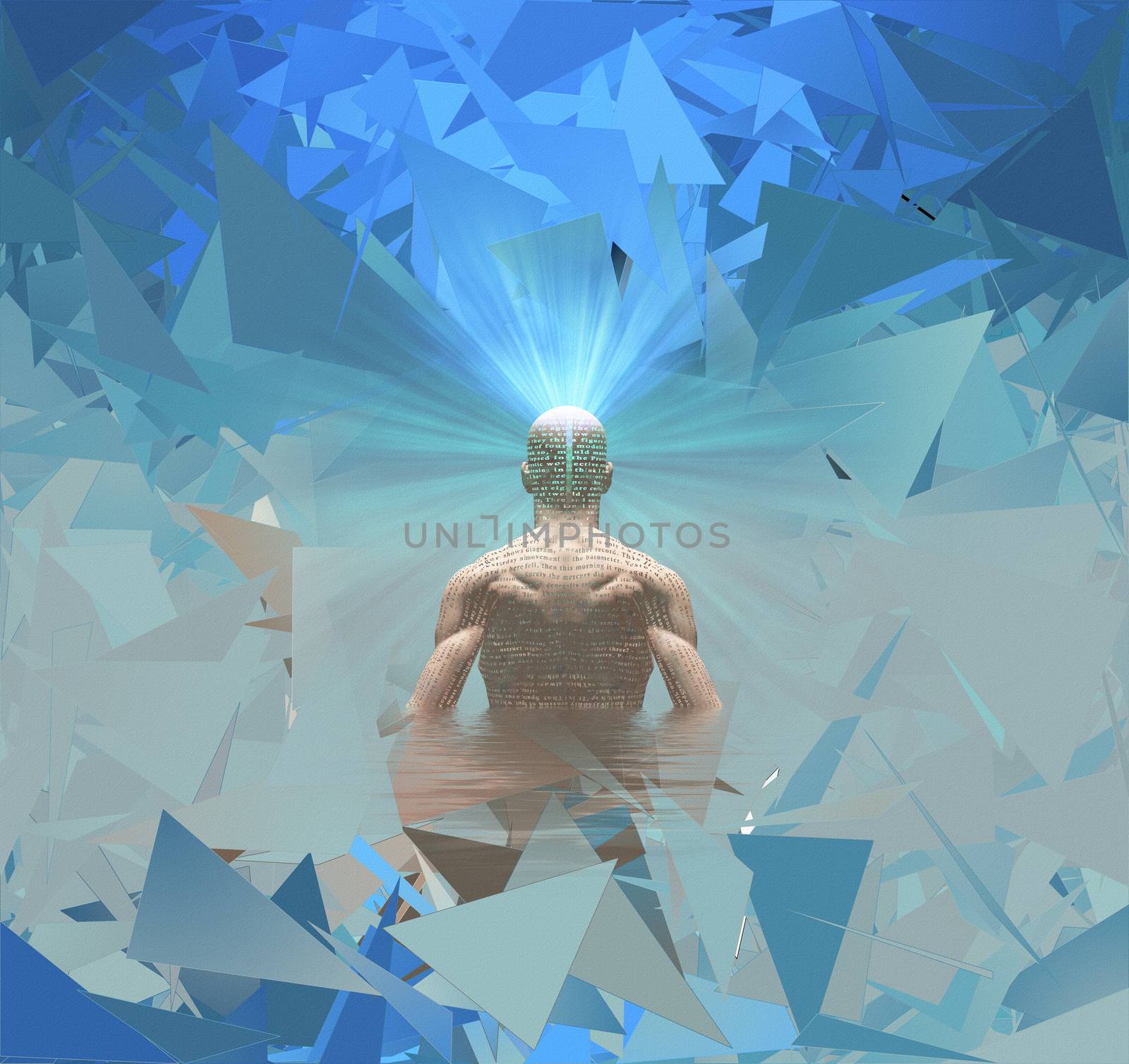 Man radiates light from mind. Geometric background
