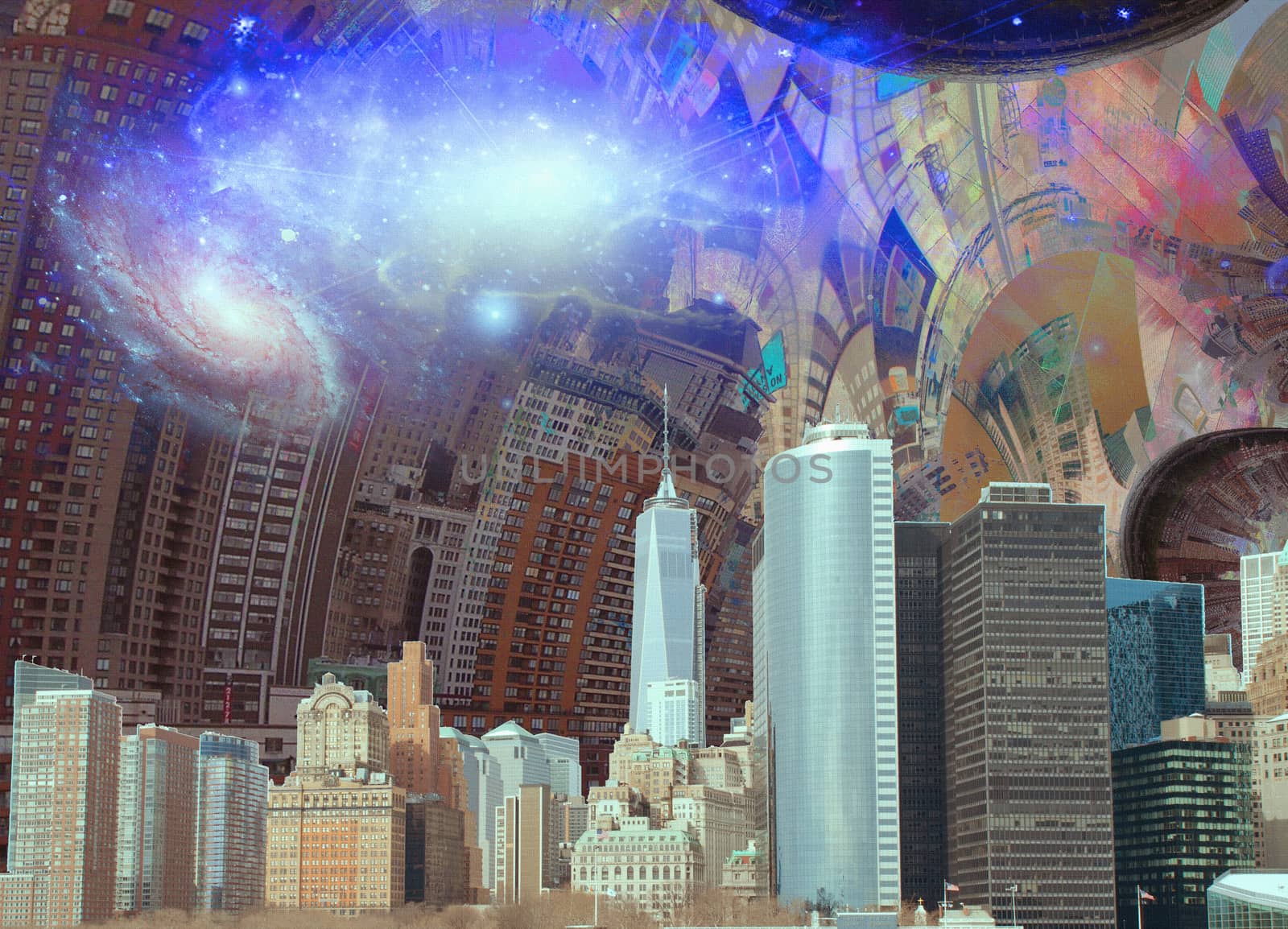 New York downtown. Futuristic composition with space galactic elements