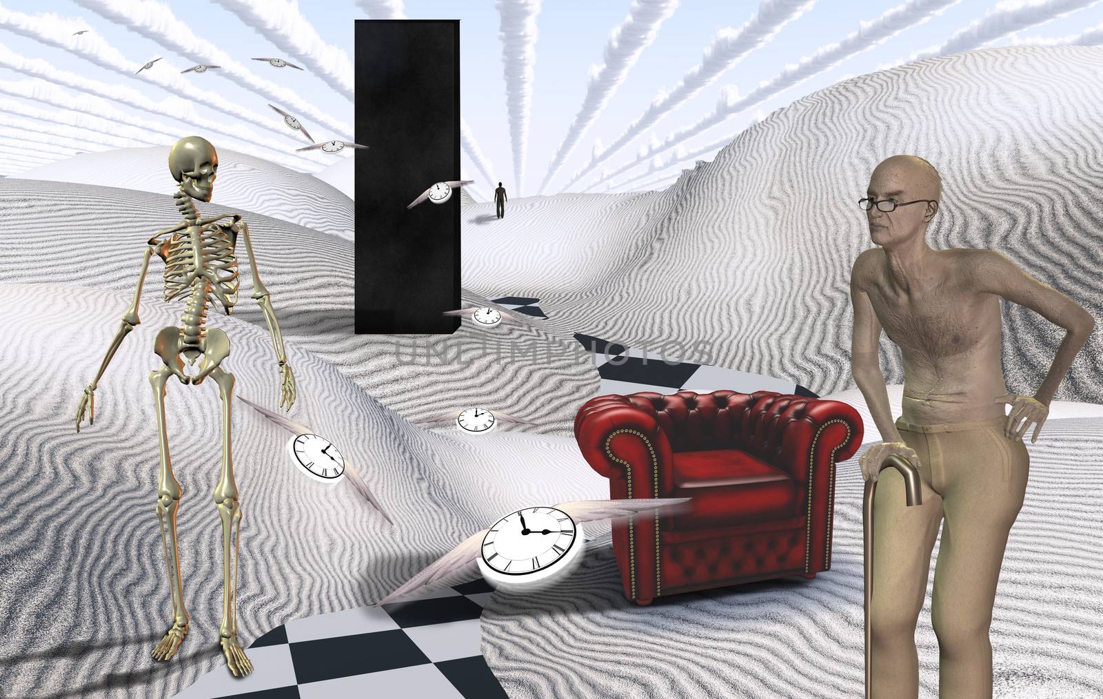 Surreal white desert with Black Monolith. Old man and red armchair. Skeleton. Figure of man in a distance. Winged clocks represents flow of time.