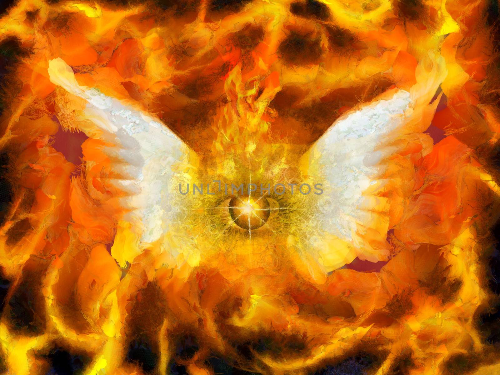 Surreal painting. Burning eye with wings. Flaming background.