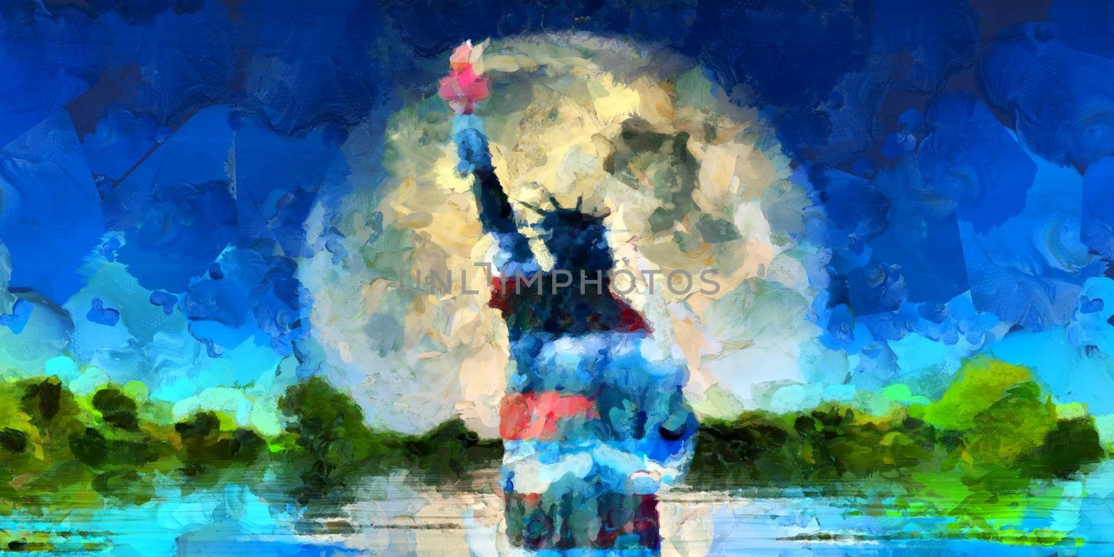 Oil paint, Liberty Statue on Moon rise