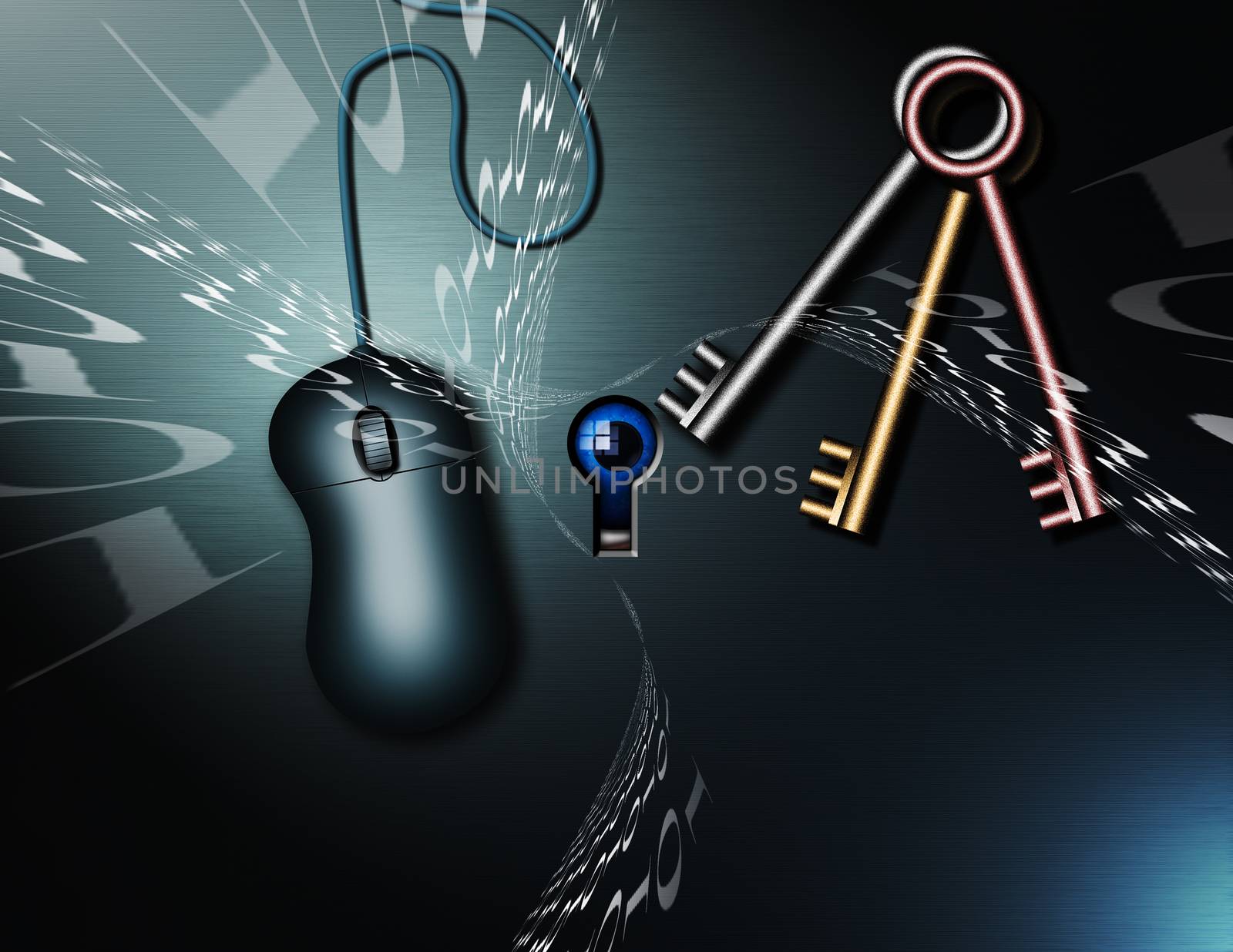 Computer mouse and keys. Binary code. Cyber security