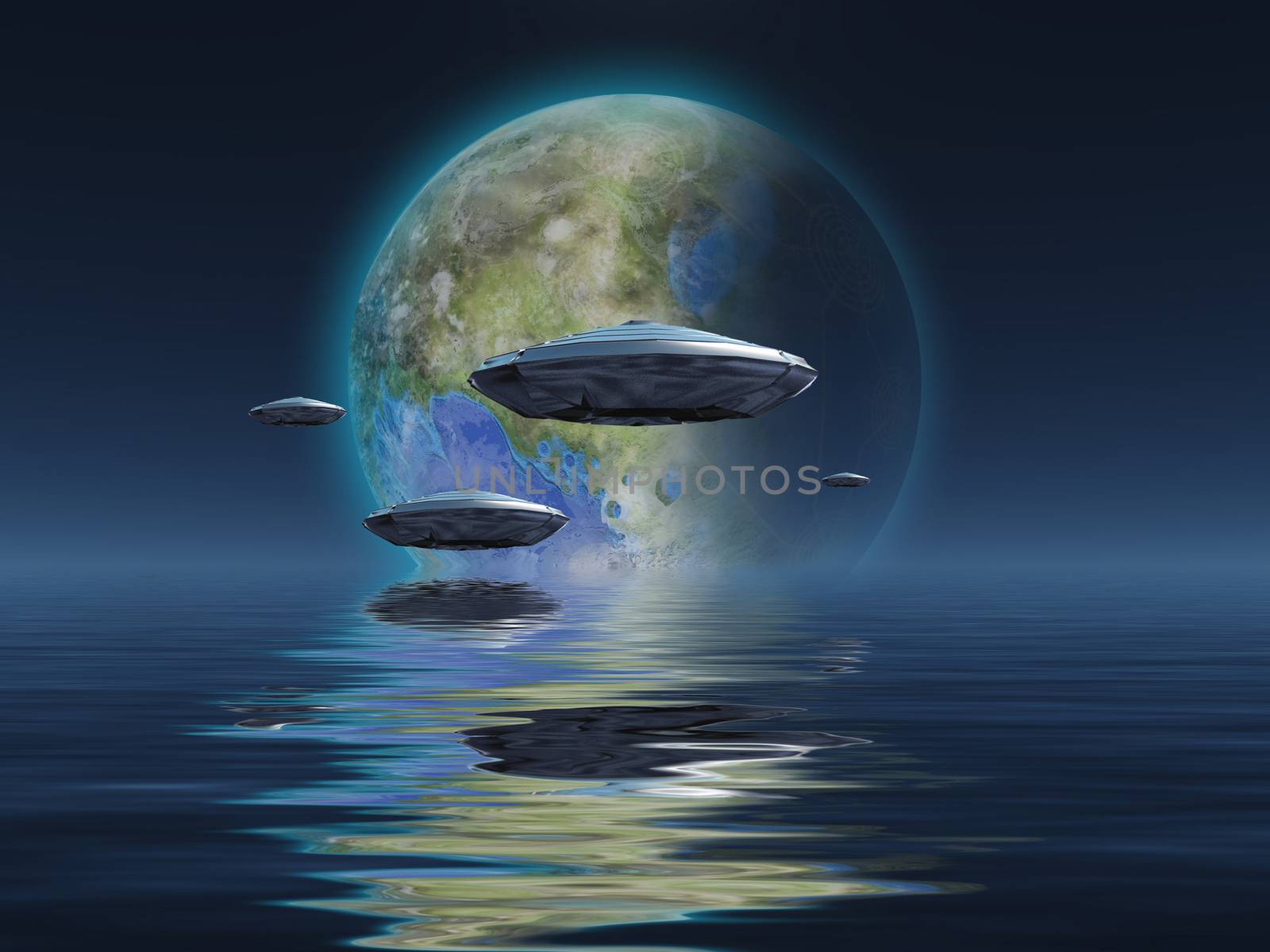 Spacecrafts flies over ocean. Terraformed moon at the horizon