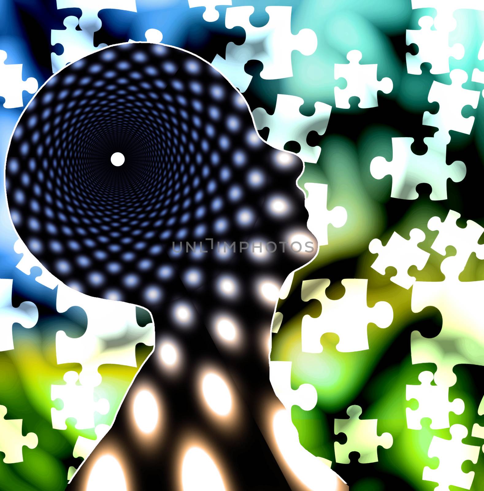 Human head silhouette with doted fractal and pieces of puzzle
