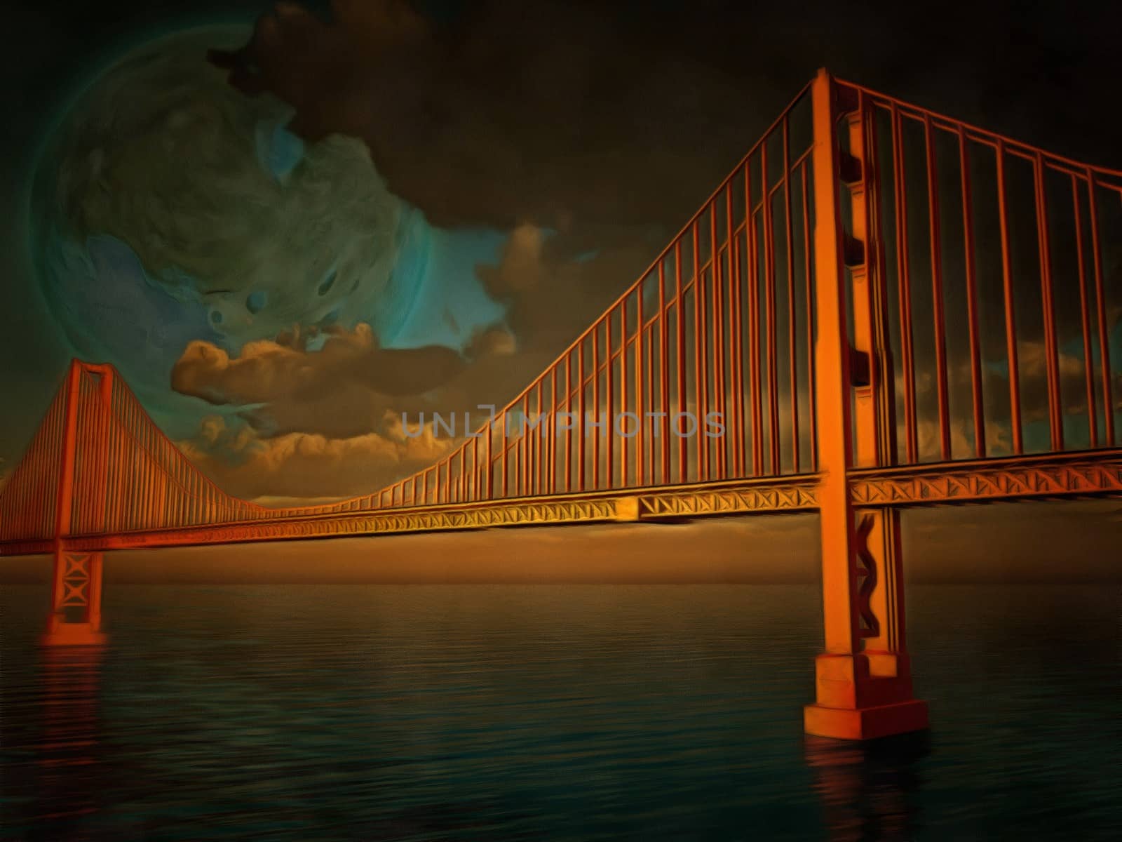 Surreal painting. Golden Gate bridge. Terraformed moon in the sky.