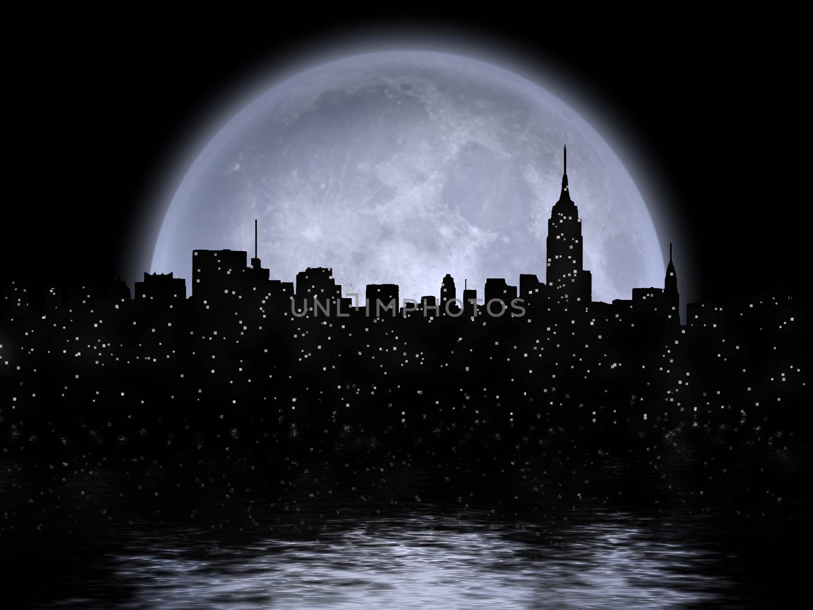 NYC Cityscape reflects in the moon. 3D Rendering. Some elements provided courtesy of NASA.