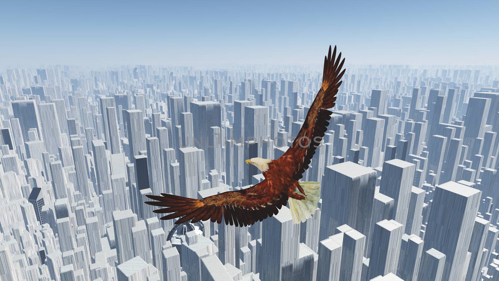 Eagle flies above futuristic megalopolis. 3D rendering