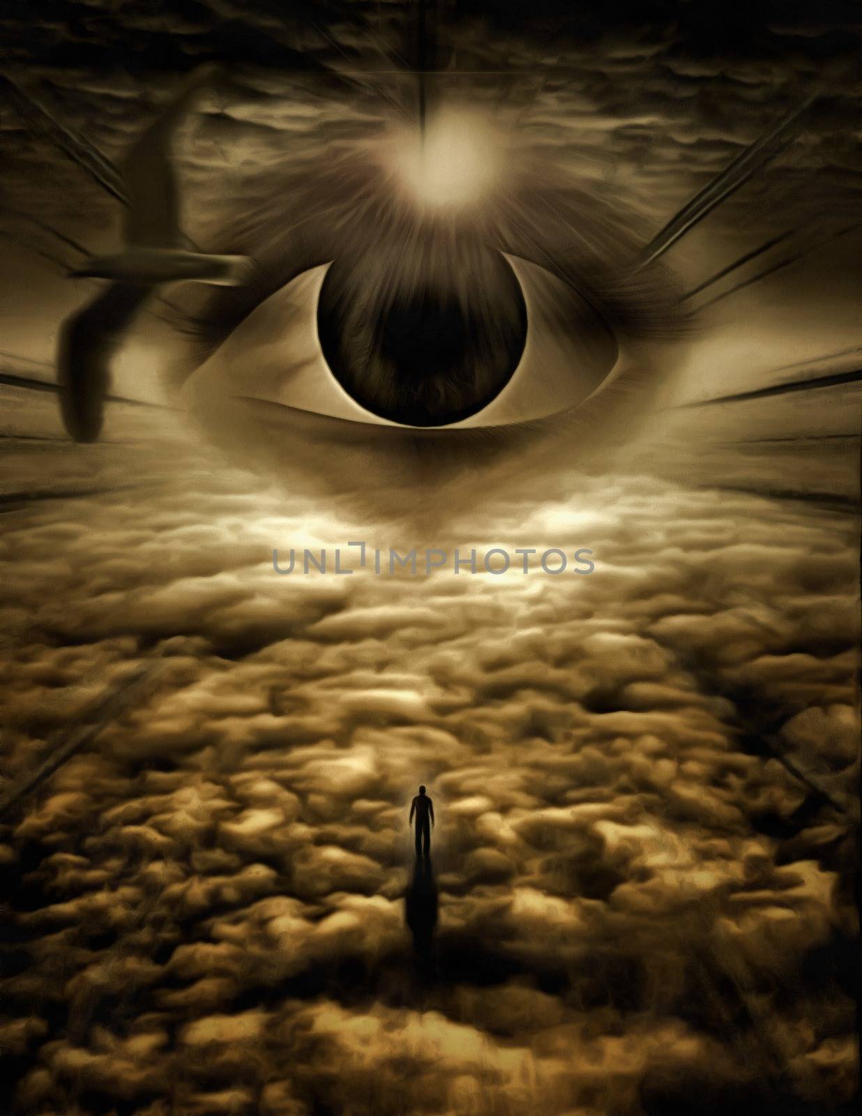 Surreal painting. Giant eye in cloudy sky. Thunderbird. Figure of man in a distance.
