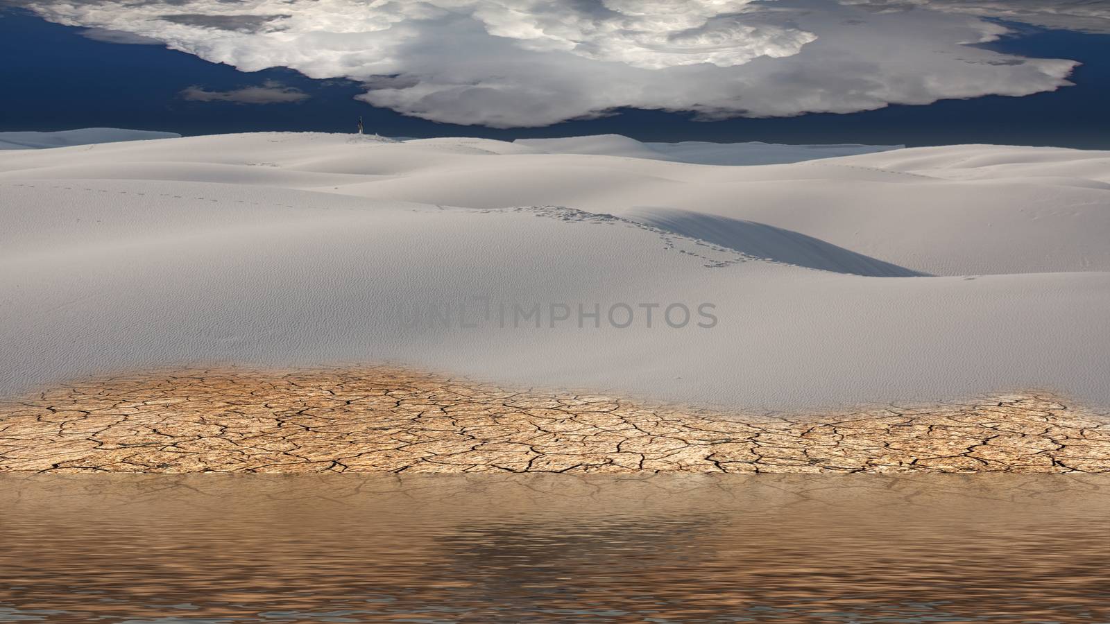 Surreal white desert shore. Calm water