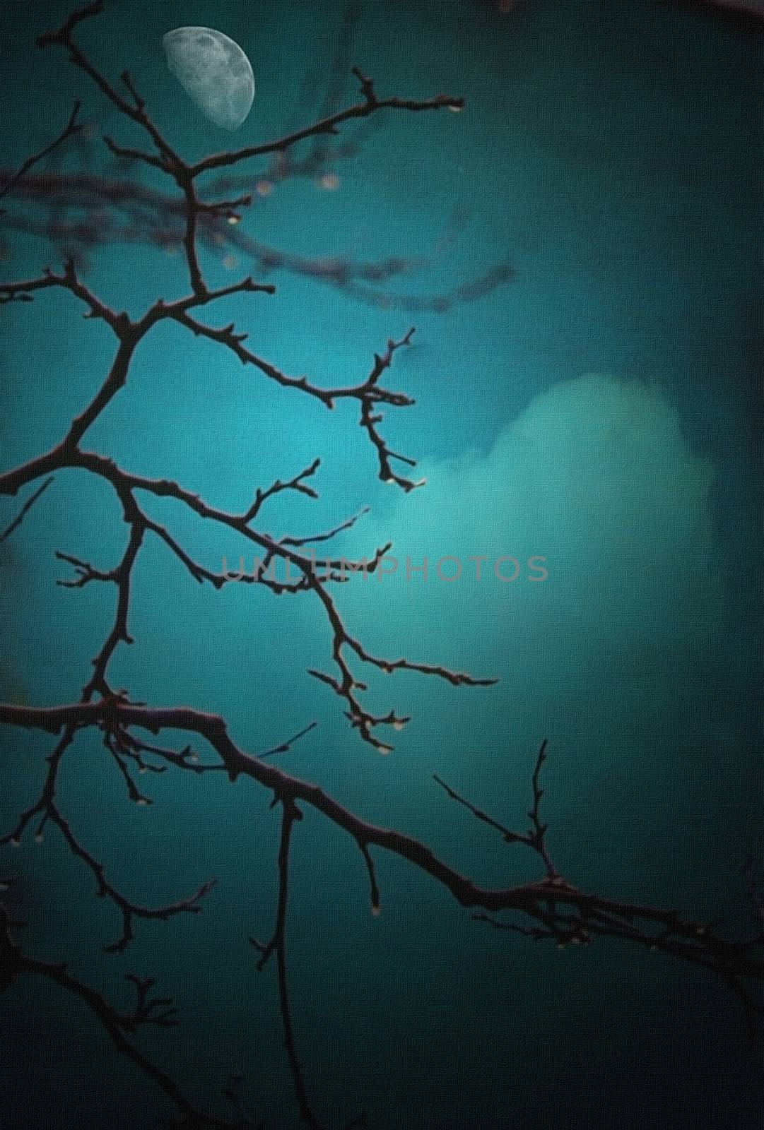 Branch of tree with water drops. Moon.