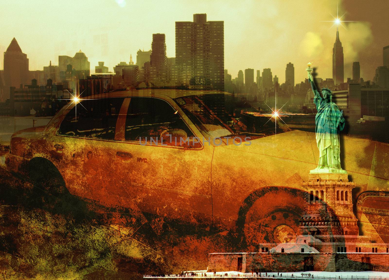 New York Yellow Cab. Liberty Statue. Manhattan skyline