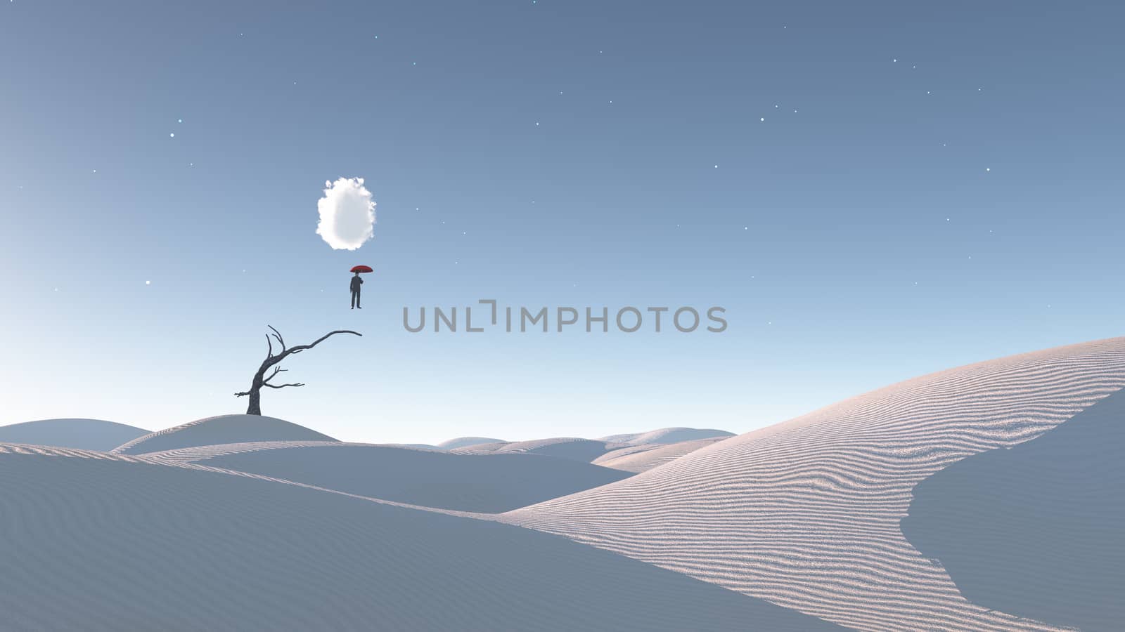 Man Floats in mid air in surreal desert landscape