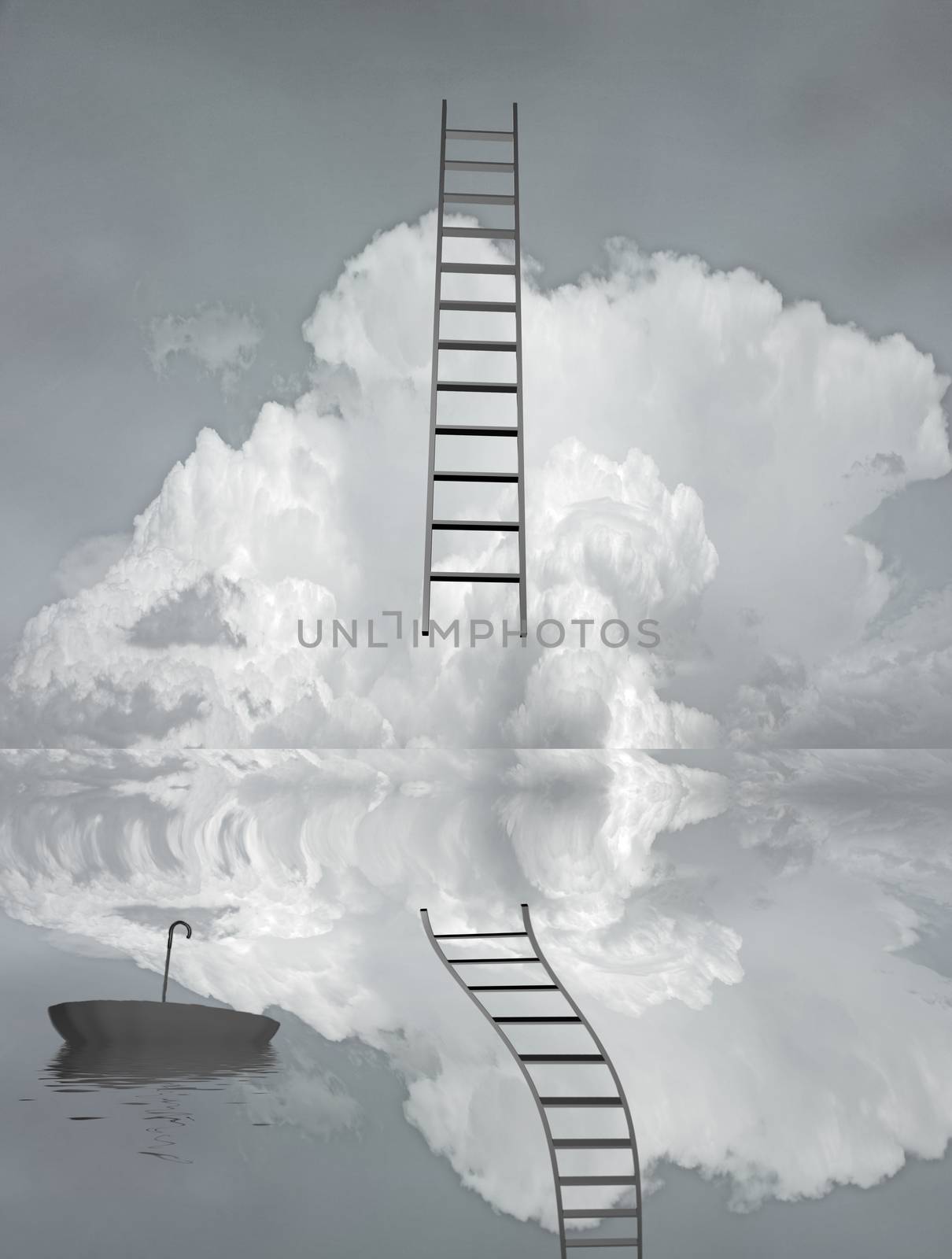 Ladder reflected in water with floating umbrella