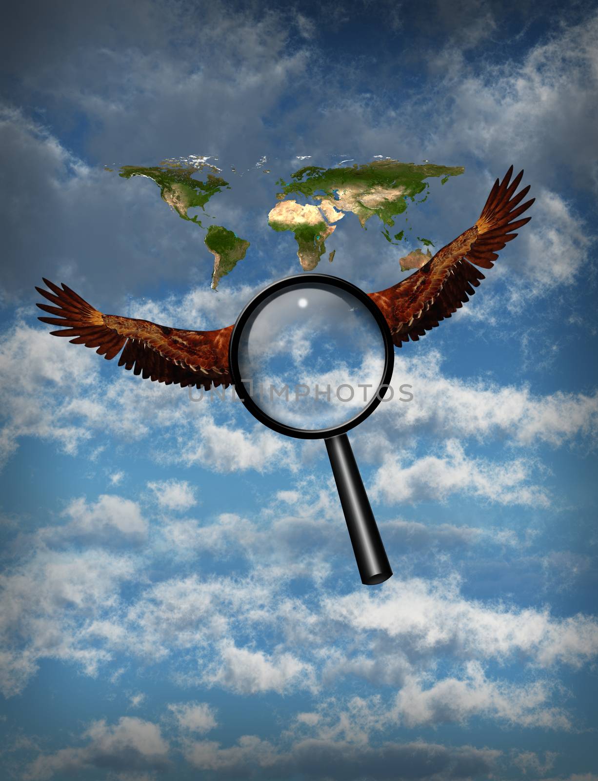 Surreal composition. Winged Magnify glass searches planet Earth in cloudy sky