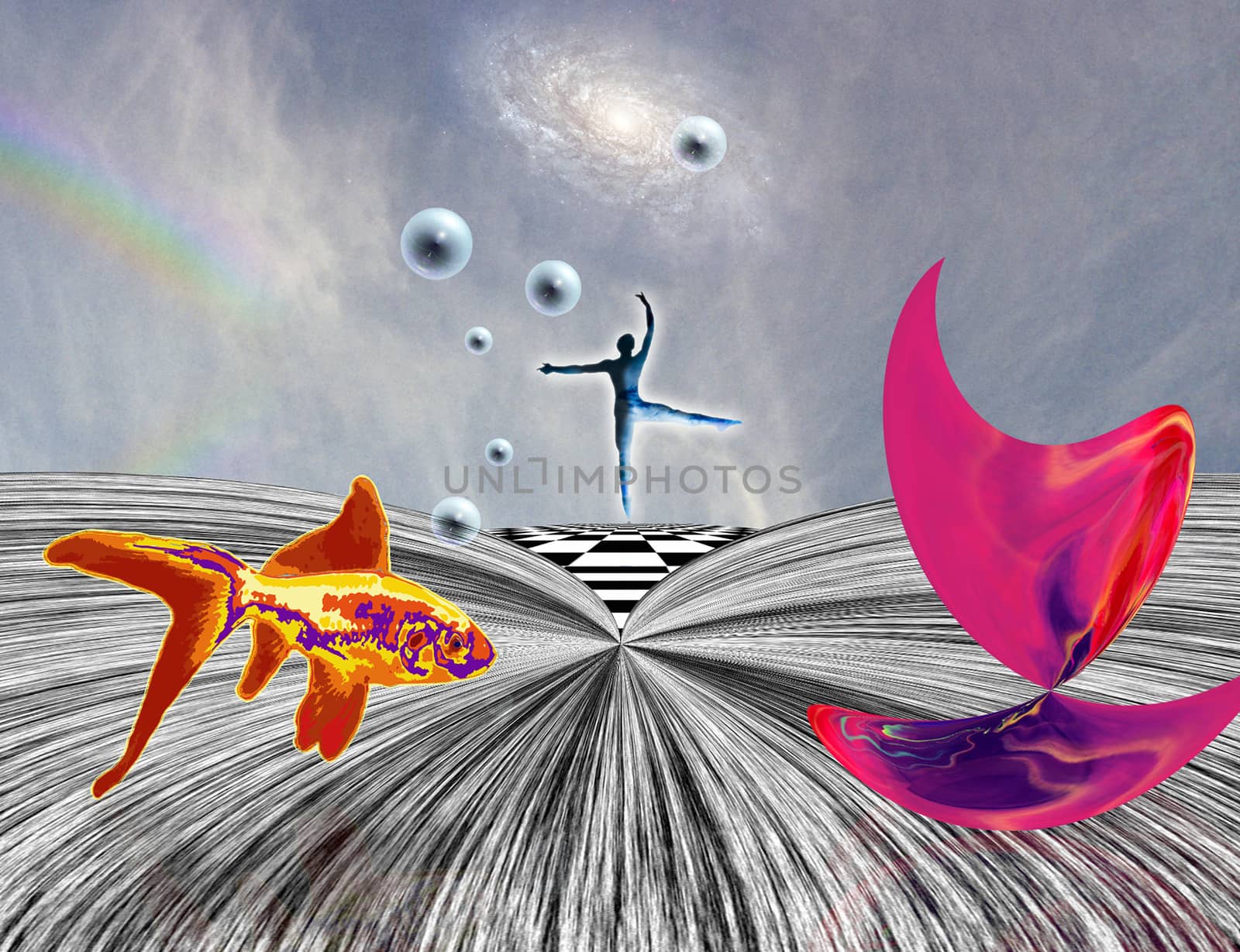 Surreal composition. Pink matter on chessboard, dancer and golden fish