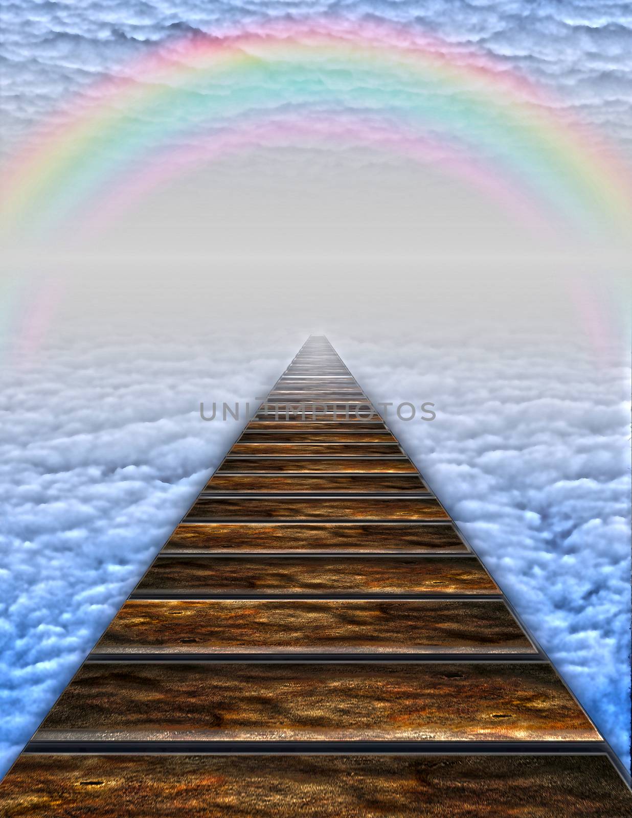 Plank path into clouds with rainbow