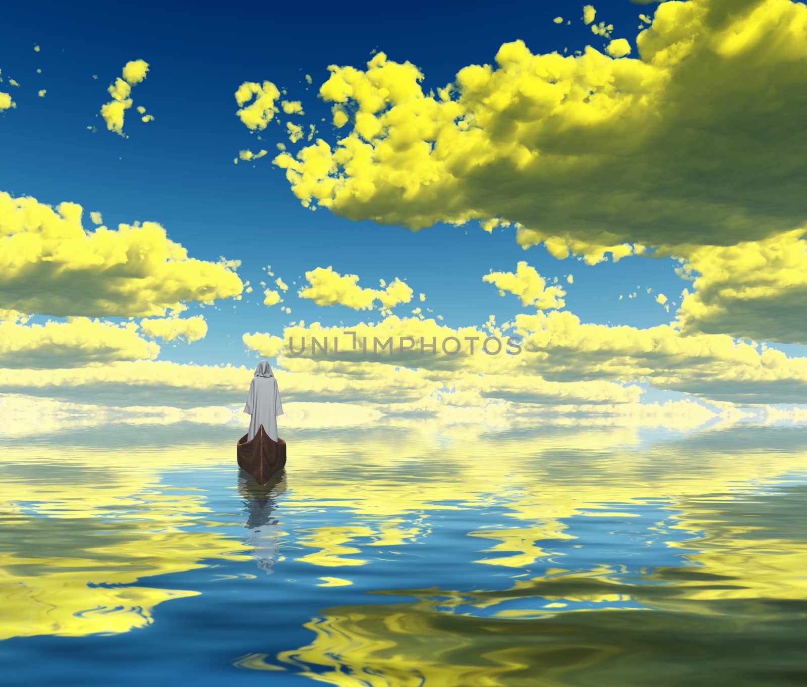 Figure in white cloak in a boat. Yellow clouds are reflected in water.