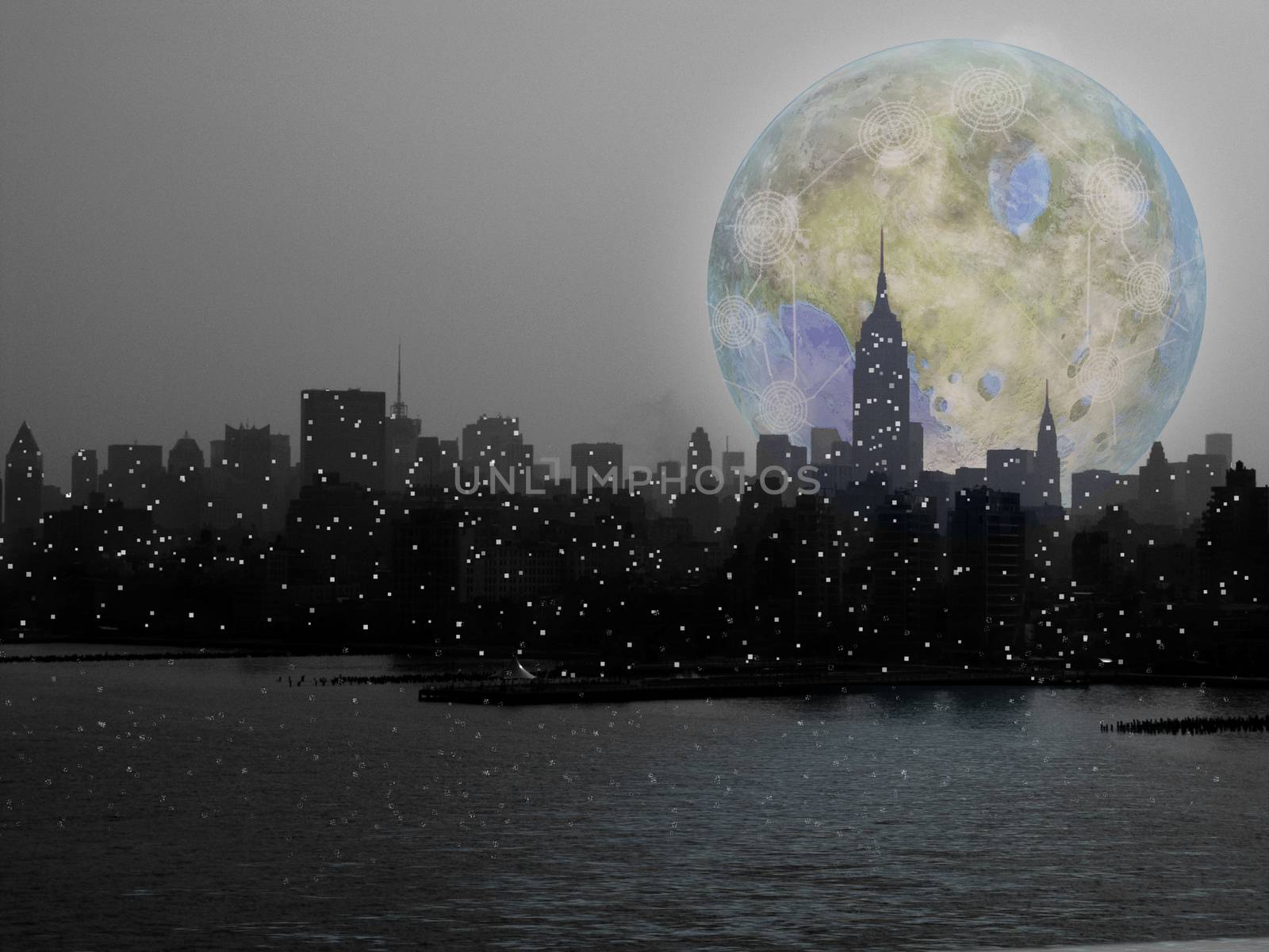 Abstract painting. Terraformed moon over night city