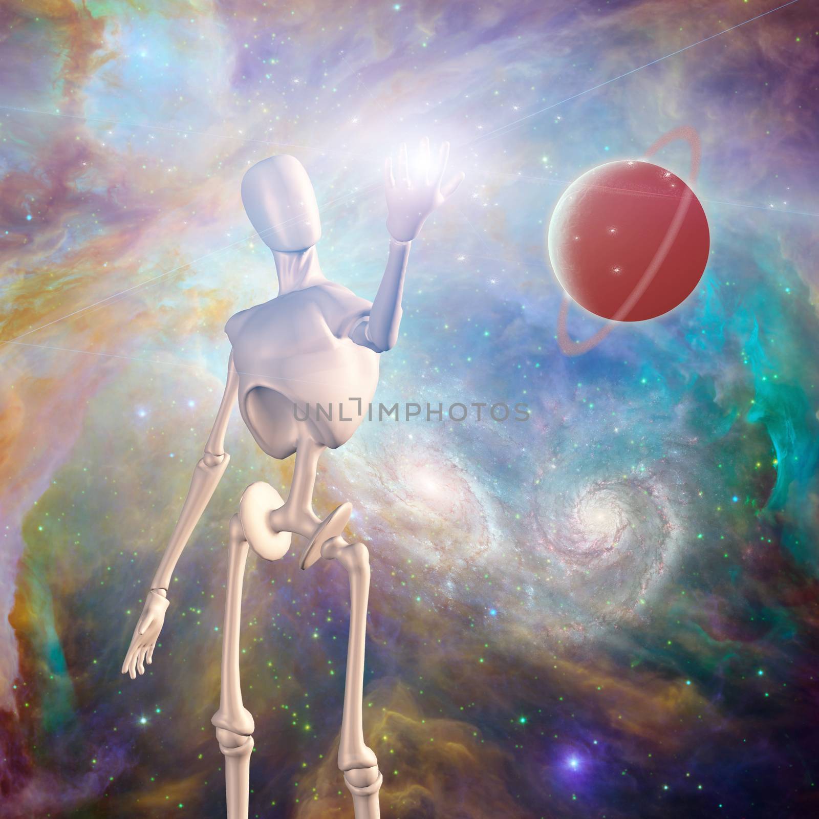 Robot and Red planet in vivid deep space