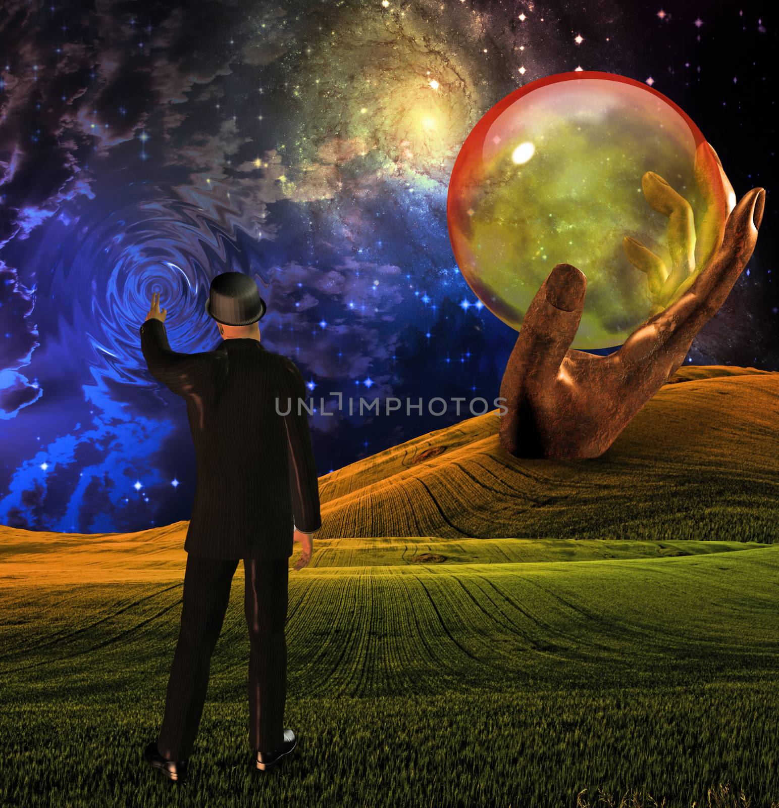Man in suit touches sky creating ripples before empty sphere in sculpted hand