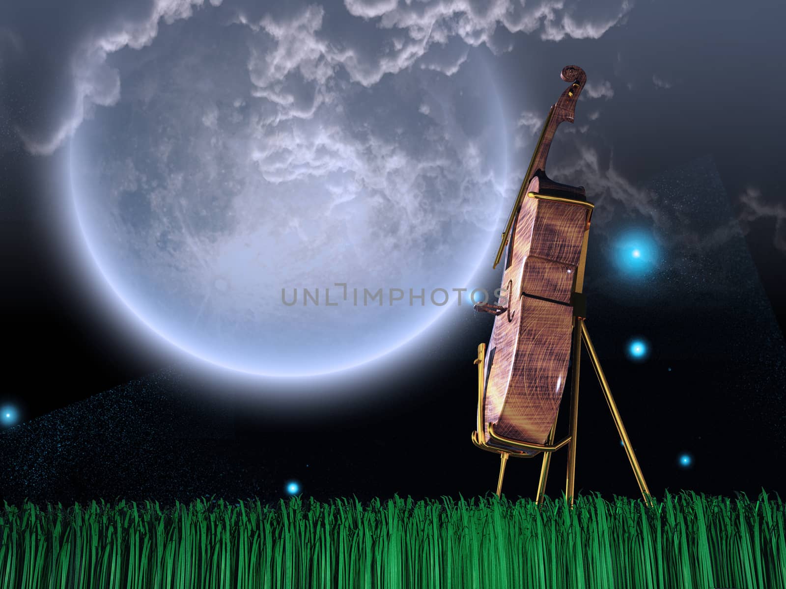 Cello in dream like landscape. Giant moon in the sky