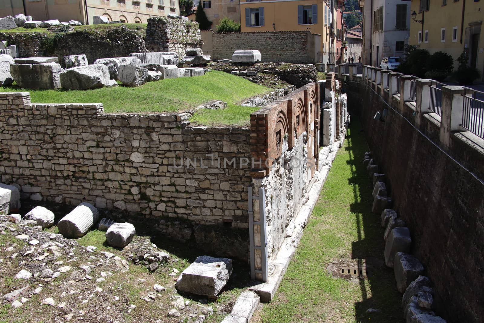 Ruins of the roman temple called Capitolium or Tempio Capitolino in Brescia in italy