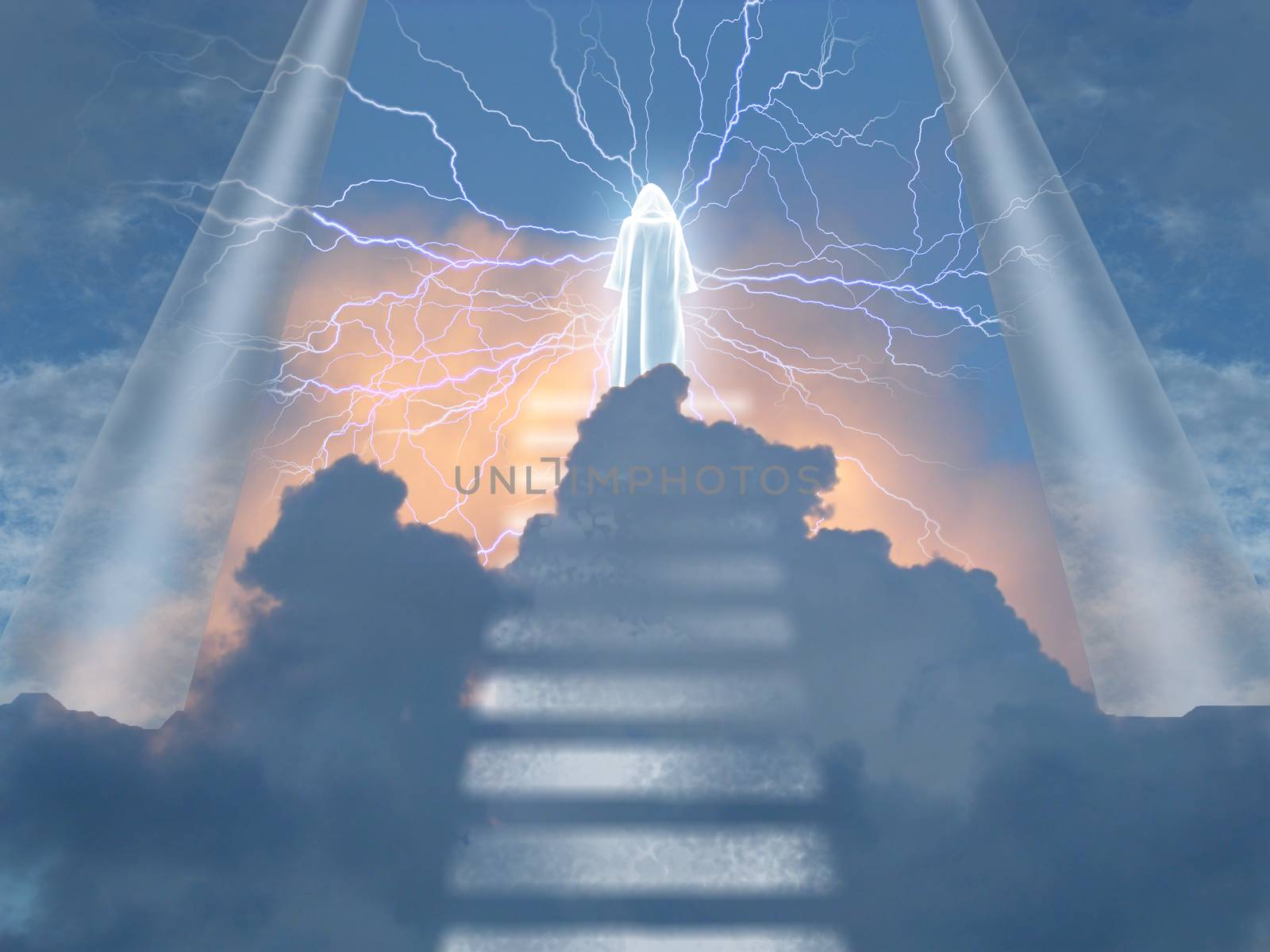 White cloaked figure radiates electricity in heavens