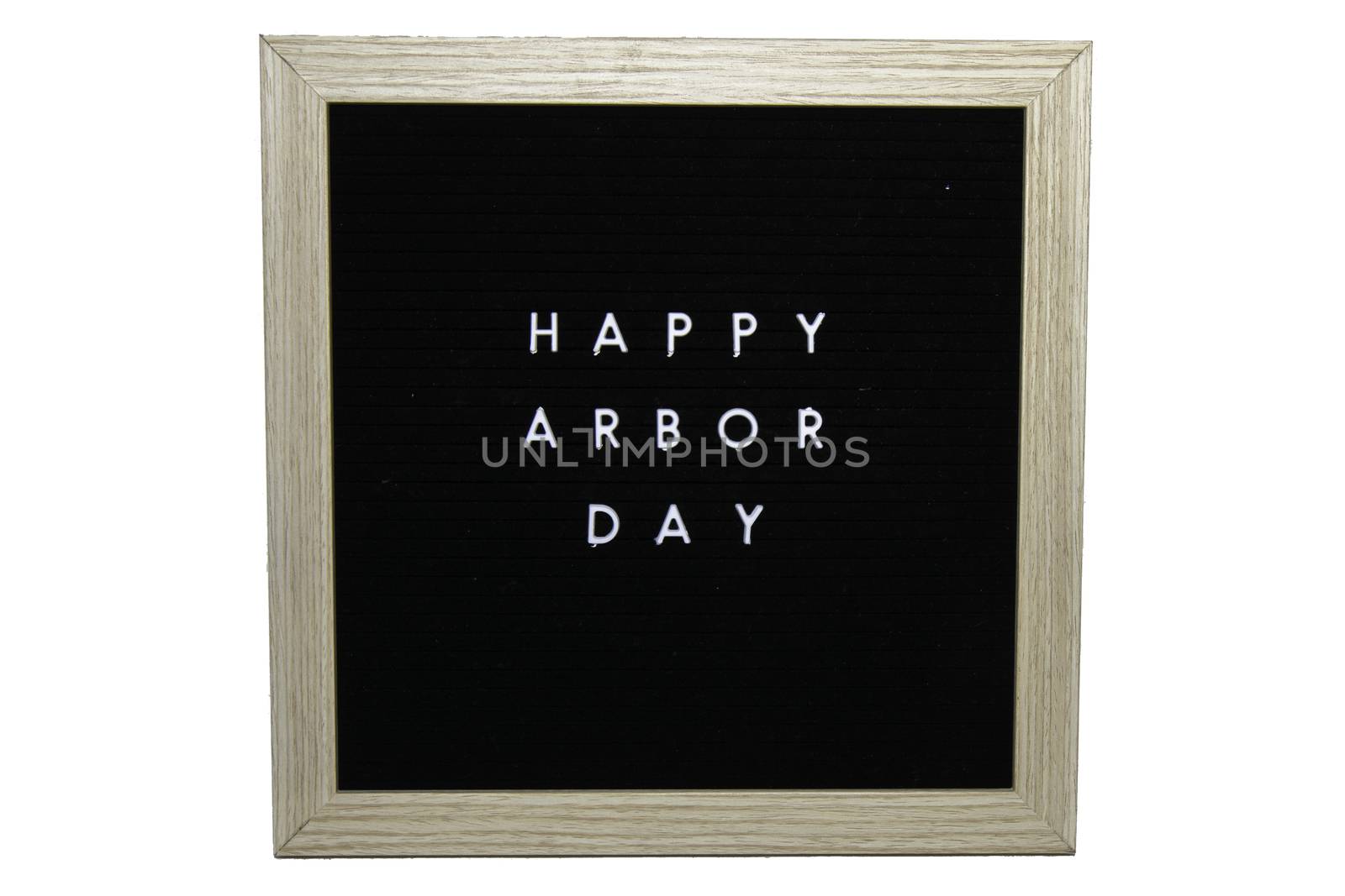 A Black Sign With a Birch Frame That Says Happy Arbor Day in White Letters on a Pure White Background