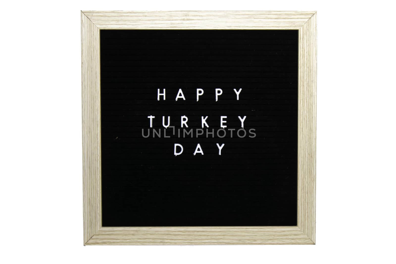 A Black Sign With a Birch Frame That Says Happy Turkey Day in White Letters on a Pure White Background