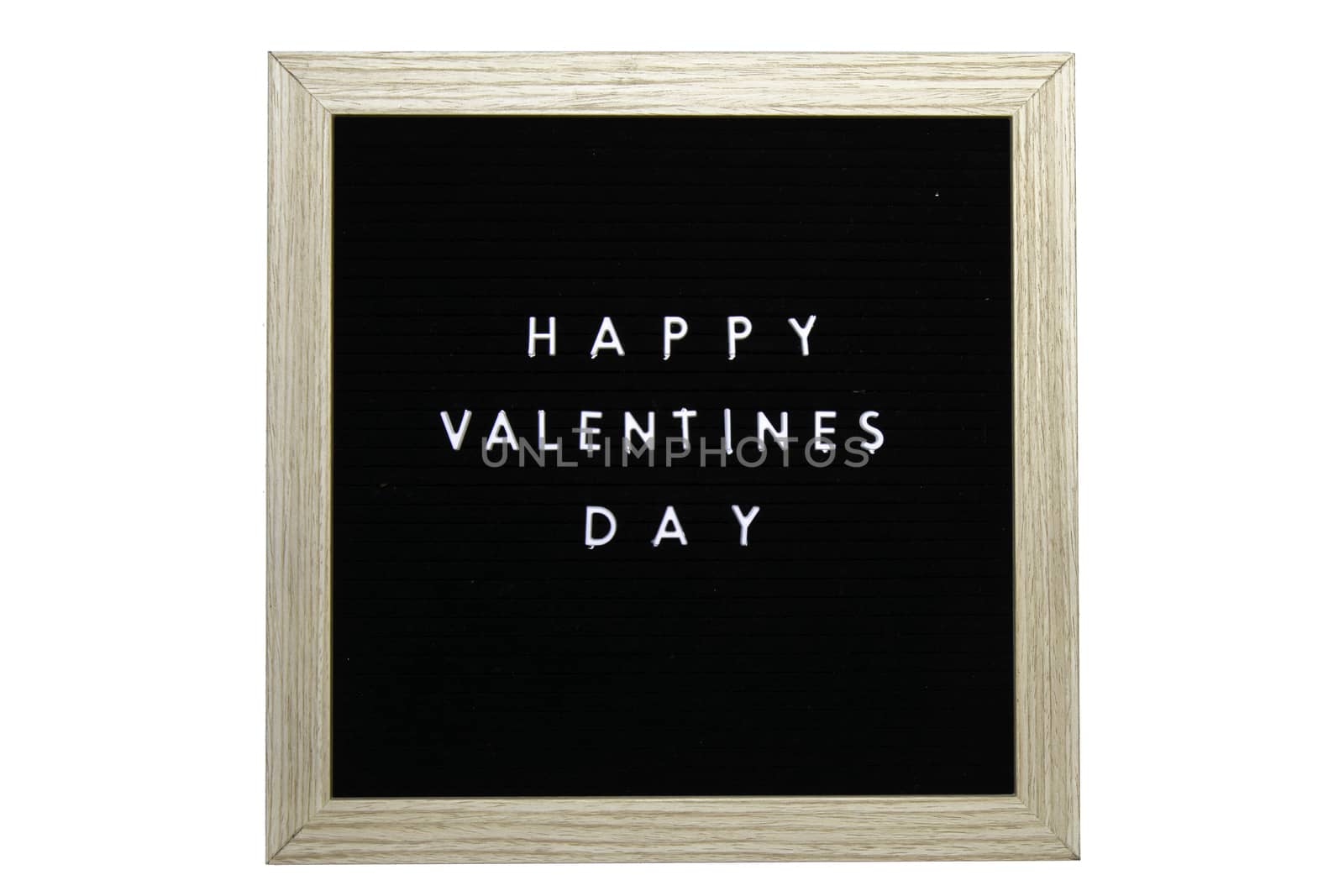 A Black Sign With a Birch Frame That Says Happy Valentines Day in White Letters on a Pure White Background