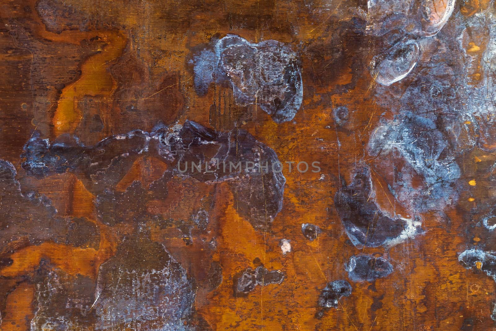 Copper or brass texture with white patina stains and spots.