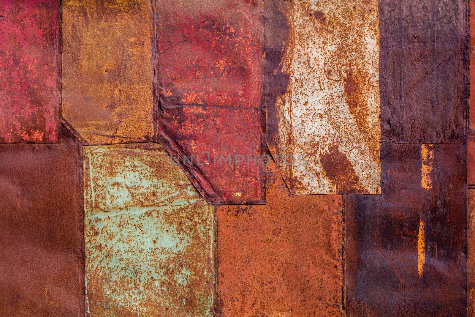 rusted tin sheets patchwork wall texture and flat detailed background