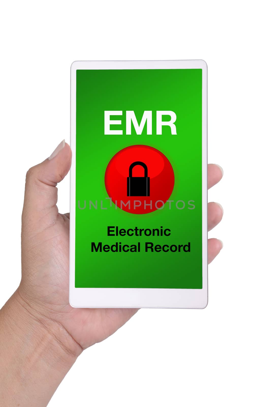 Hand holding smartphone showing electronic medical record with key locked on white background.