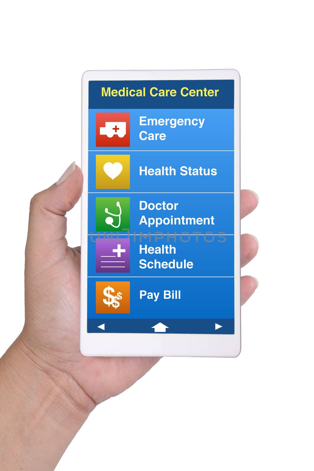 Hand holding smartphone showing health care contact menu on scre by pandpstock_002