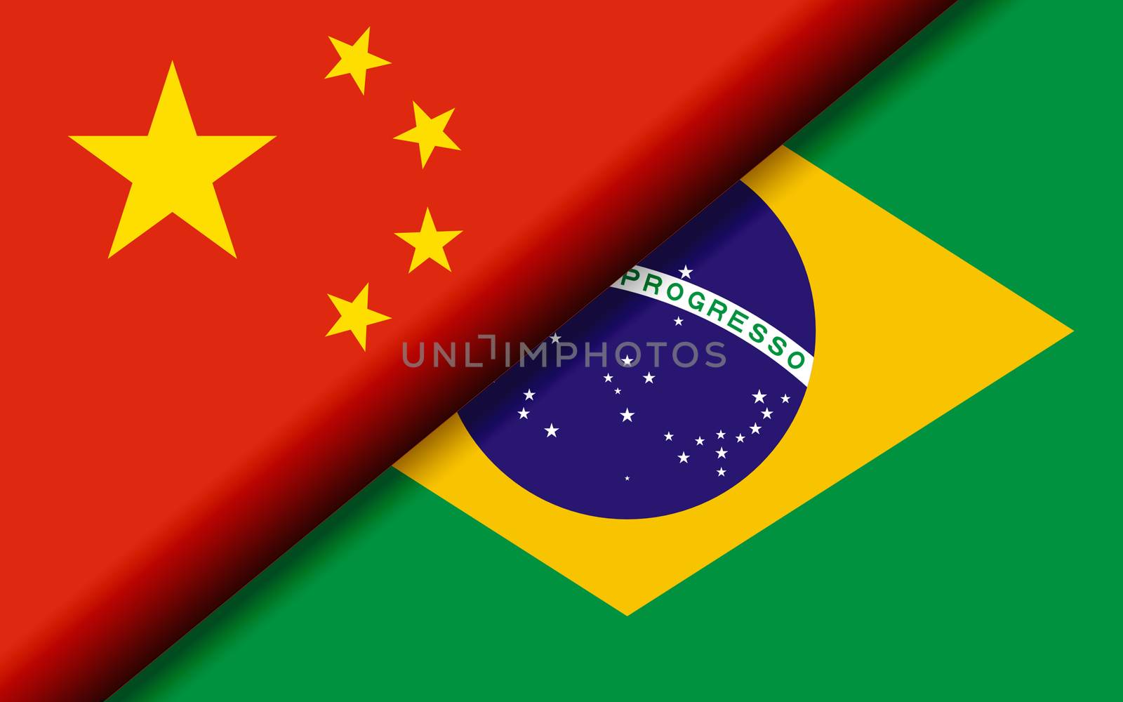 Flags of the China and Brazil divided diagonally. 3D rendering