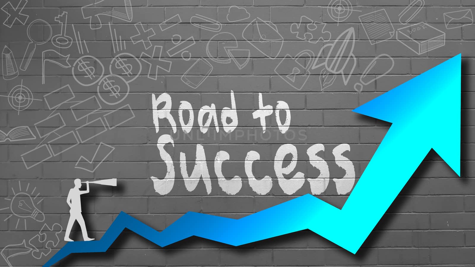 Road to success word for success concept with blue arrow. 3d rendering