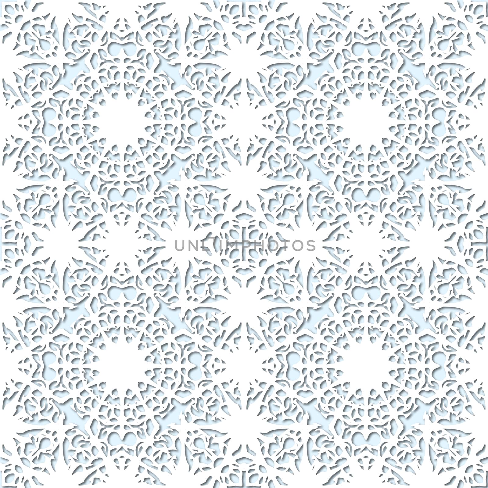 White snowflakes on pale blue background, damask ornament seamless pattern. Paper cut style by Pashchenko