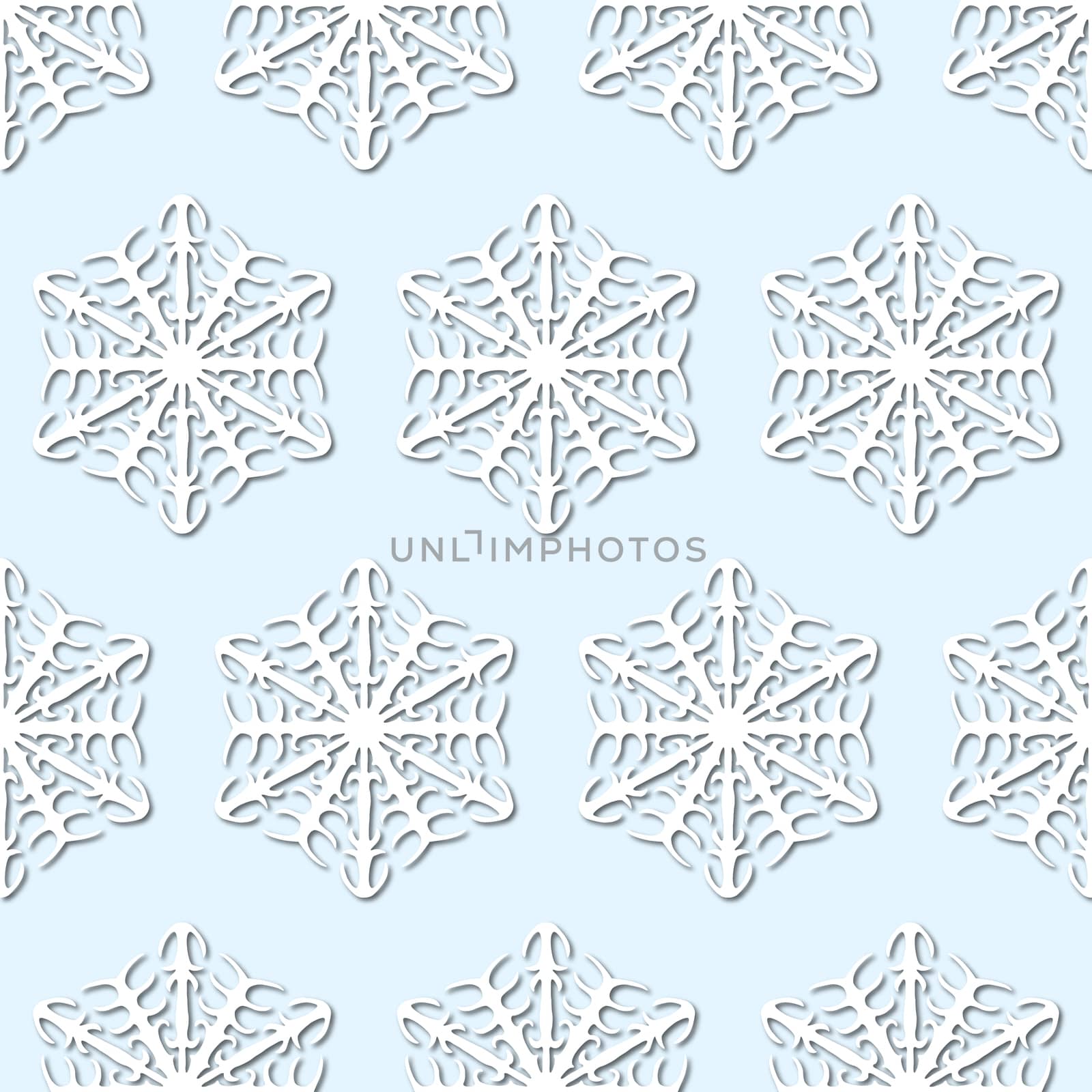 White snowflakes on pale blue background, damask ornament seamless pattern. Paper cut style with drop shadows and highlights.