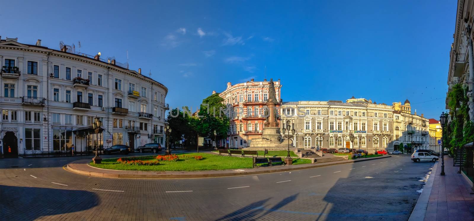 Odessa, Ukraine 06.30.2020. Ekaterininskaya Square in the historical center of Odessa, Ukraine, on a sunny summer morning