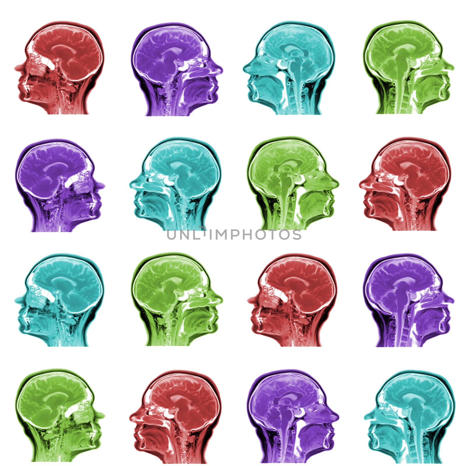 seamless pattern of MRI scans of sixty years old caucasian female head in sagittal or longitudinal plane - colored heads on white background by z1b