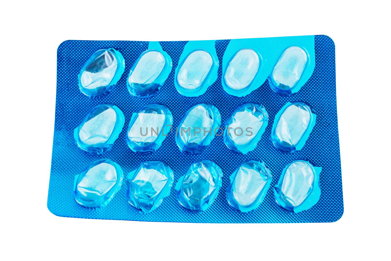 empty blue pills blister isolated on white background, used pack of tablets