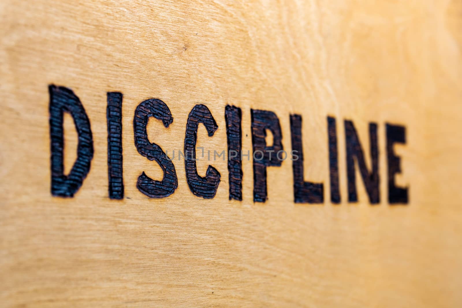 the word discipline burnt on white flat wooden surface - perspective view with selective focus and blur